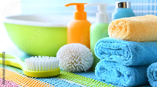 Colorful bathroom essentials, including bottles of liquid soap, a textured bath brush, and stacks of towels. A bowl is in the background