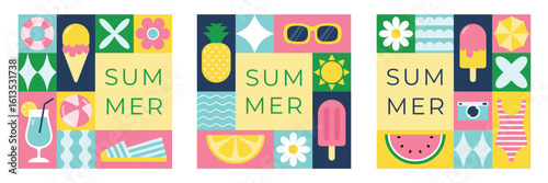 Set of square geometric summer banners in flat minimalist style. Template for card, poster, flyer and social media