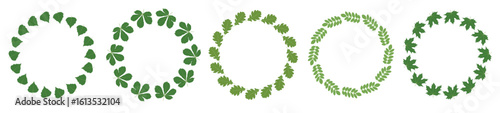 Set of circle frames with green leaves. Design elements for card, banner, poster, cover, print