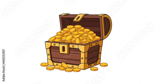 Cartoon Treasure Chest Overflowing with Gold Coins, Brown Wood and Golden Accents