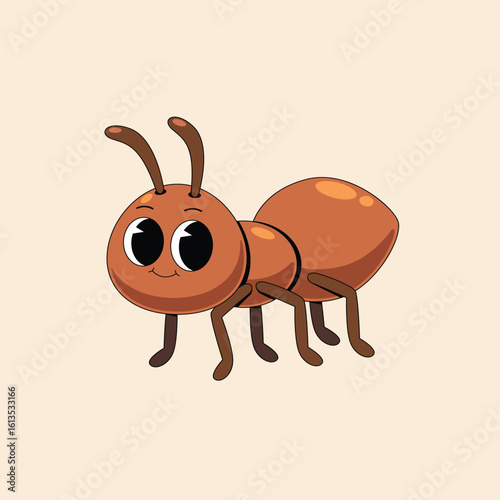 A cute cartoon ant character with big eyes and a friendly smile. Adorable brown insect illustration isolated on a light background