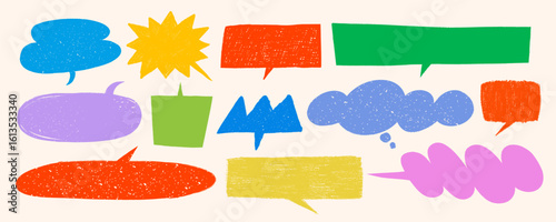Crayon speech bubble set in red, blue, green and yellow on light background. ...