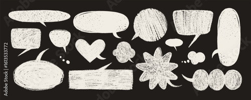 Crayon speech bubble vector set in white on black with chalk texture. Hand drawn doodle talk and text elements. Great for blackboard designs, comics, kids posters, creative layouts