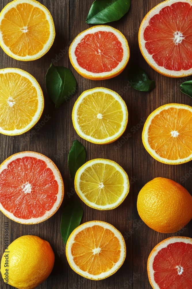 Fototapeta premium Vibrant citrus fruits oranges, grapefruits, and lemons on wooden table for healthy nutrition