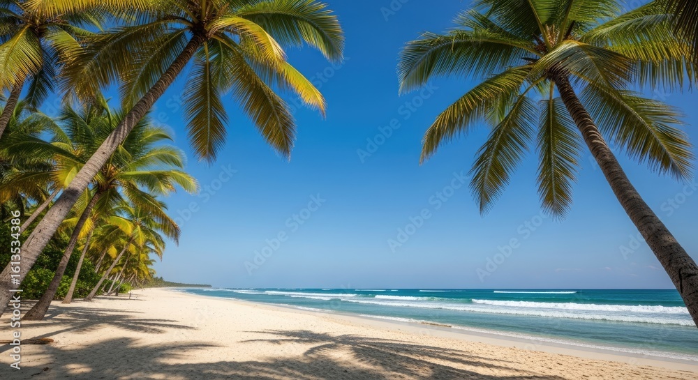 Fototapeta premium Escape to paradise with a stunning tropical beach scene featuring swaying palm trees and crystal-clear turquoise ocean waves under a brilliant blue sky