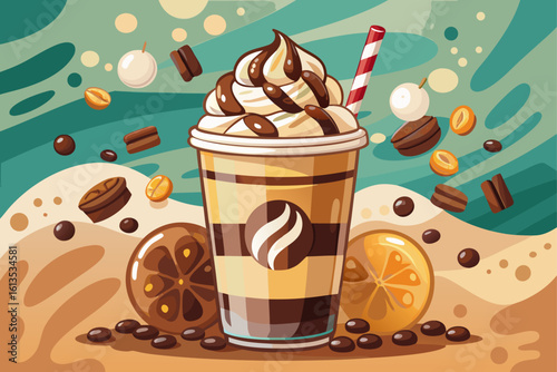 vector of Iced coffee frappuccino served with oreo cookies. Stream of chocolate syrup, decorated with whipped cream. Cooling drink with ice, coffee beans...