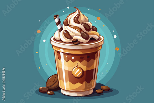 vector of Iced coffee frappuccino served with oreo cookies. Stream of chocolate syrup, decorated with whipped cream. Cooling drink with ice, coffee beans...