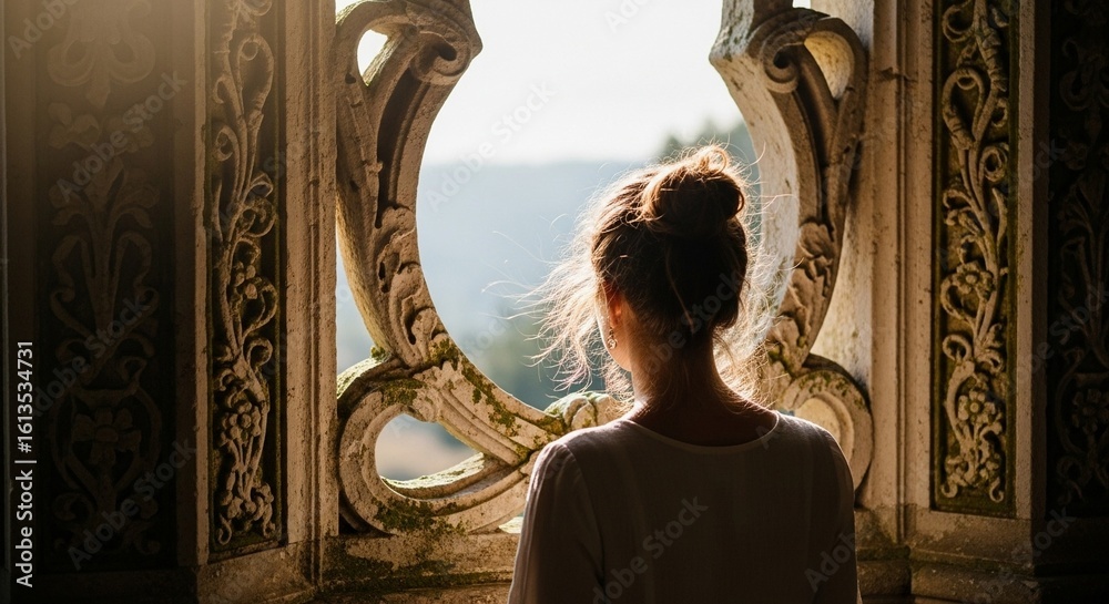 Fototapeta premium Woman gazes through ornate window at scenic vista, bathed in sunlight.