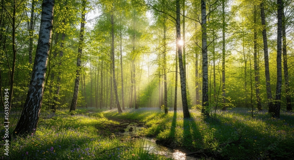 Naklejka premium Sunbeams stream through lush green forest canopy illuminating a serene woodland stream with wildflowers carpeting the floor