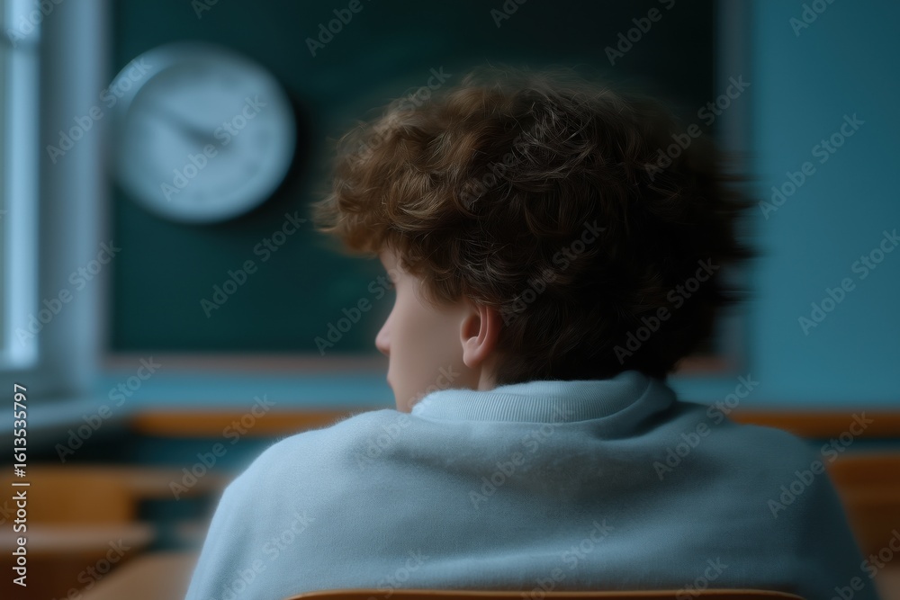 Fototapeta premium Young caucasian male teen in classroom with clock on chalkboard wall