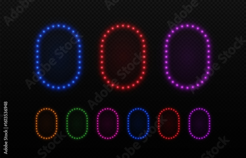 Light neon bulbs rectangle frame. Glow rounded border with lamps. Vector set of portals for games, casino and cinema.
