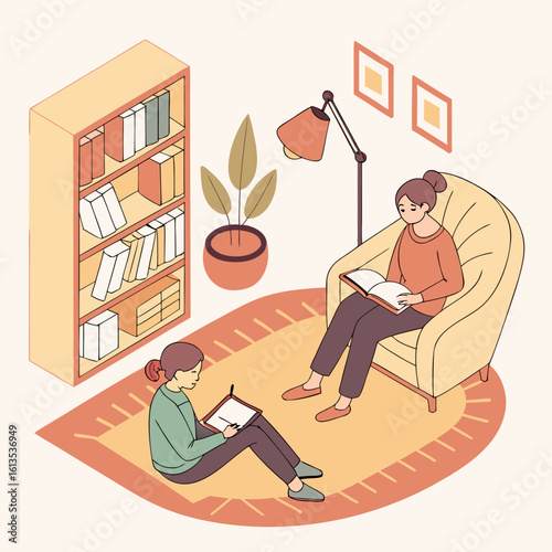 Isometric illustration of two women reading in a cozy room with a bookshelf and warm lighting setup