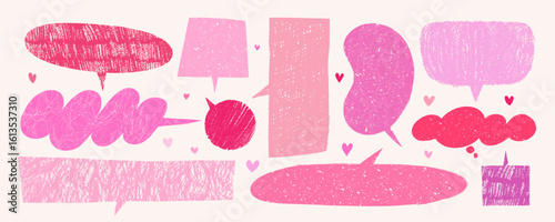 Crayon speech bubble vector set in pink and red on light background with heart doodles. Hand drawn talk and speech elements with playful texture. Use for Valentine's prints, stickers, cute designs