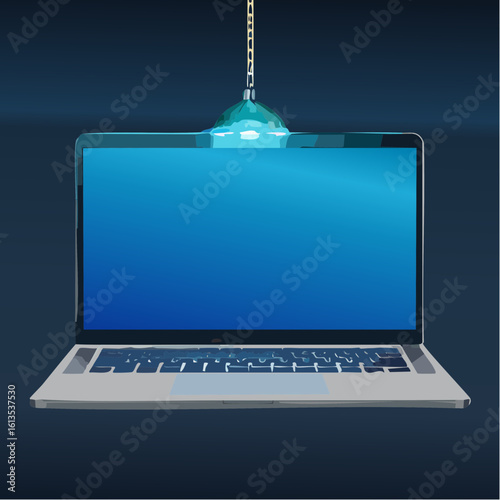 Laptop hanging air in dark. Laptop vector front view. Front open cyan screen gaming laptop mockup. Vector template blank screen notebook with backlit.