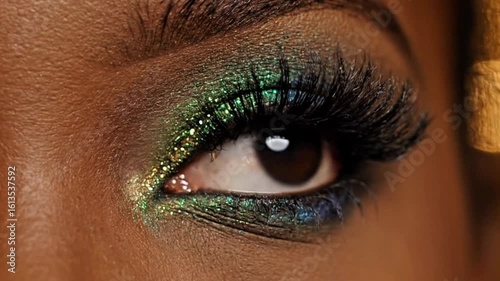Close up extreme macro shot of a woman's eye with vibrant shimmering green and blue glitter eyeshadow and, eye, close up, macro, extreme close up, beauty, makeup, eyeshadow, glitter, shimmering, spark