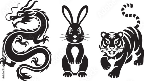 Stylized Chinese Zodiac Animals Dragon Rabbit and Tiger in Black and White
