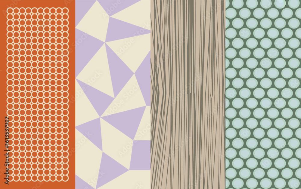 Geometric and wood patterns create a textured background