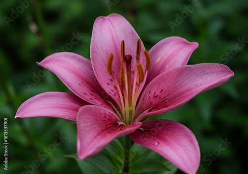 Close up of a Vibrant Pink Lily Flower with Stamens and Petals