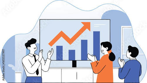 Three people applauding in front of a screen showing a bar graph with an upward trending arrow