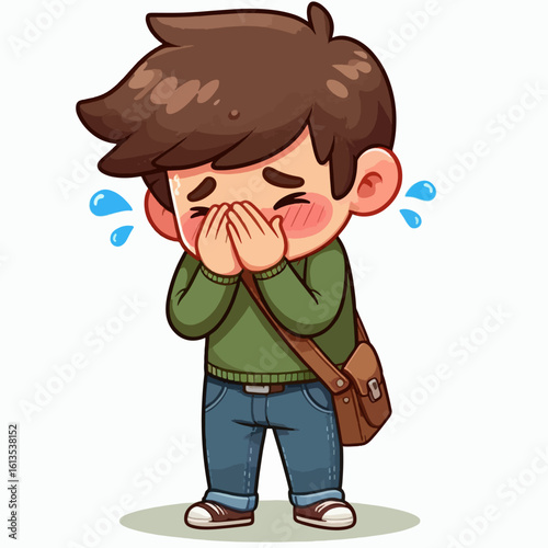 A cute cartoon boy with brown hair is crying, covering his mouth and nose with his hands, wearing a green sweater and blue jeans.