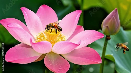 Close up macro of a honey bee collecting nectar from a vibrant pink lotus flower with water droplets on, bee, honey bee, lotus, flower, pink lotus, water droplets, nectar, pollination, macro, close up