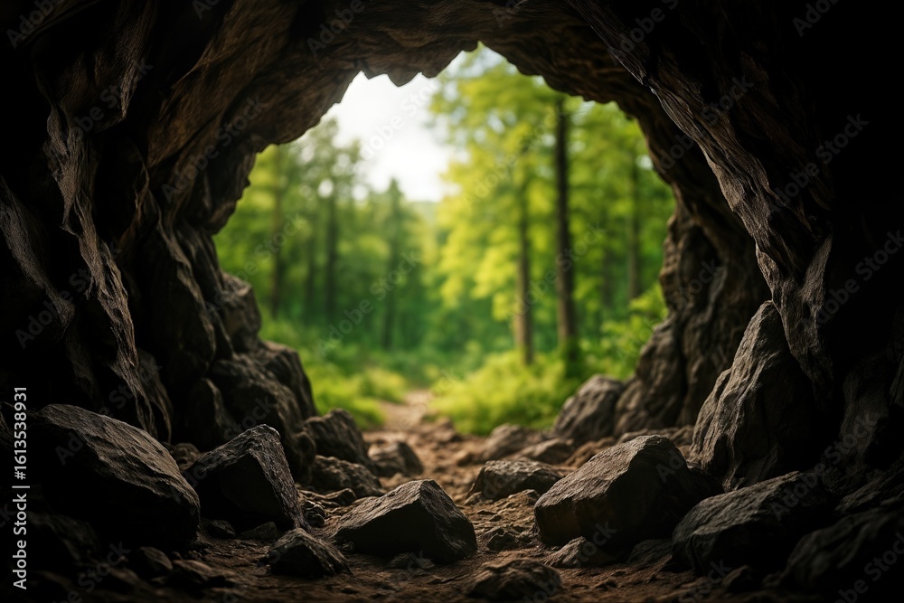 Obraz premium Mysterious Cave Entrance Leading to Lush Forest Path Illuminated by Sunlight in Verdant Wilderness