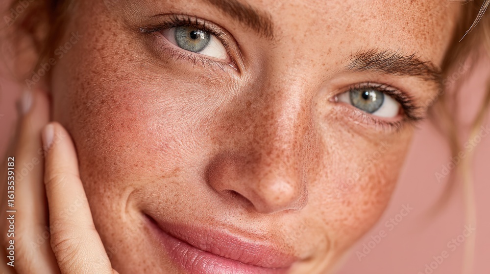 Obraz premium Close-up of a fair-skinned person with light eyes, a warm smile, and a dusting of freckles, touching their cheek
