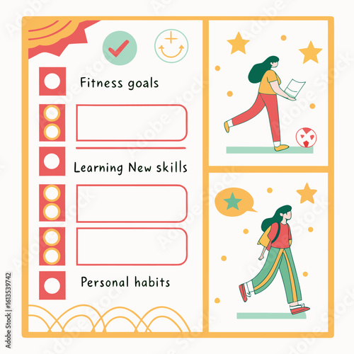 Illustration of a checklist with fitness goals learning new skills and personal habits with people exercising