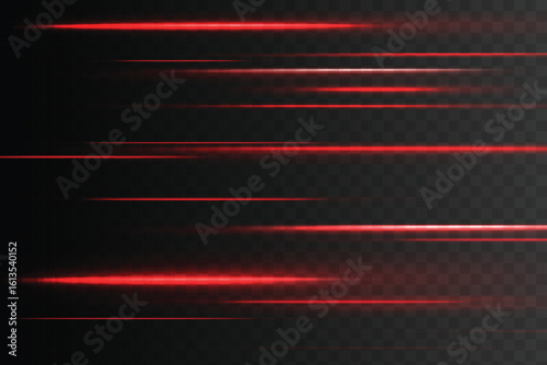 Glowing red speed lines on a dark background. Futuristic motion effect with neon rays. High-tech digital highway, fast-moving cyber road. Vector illustration for modern technology concepts.