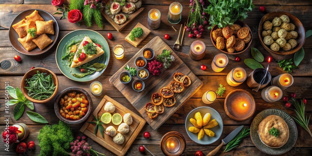 Fototapeta premium A Festive Table Setting with an Array of Delicious Dishes and Warm Candlelight