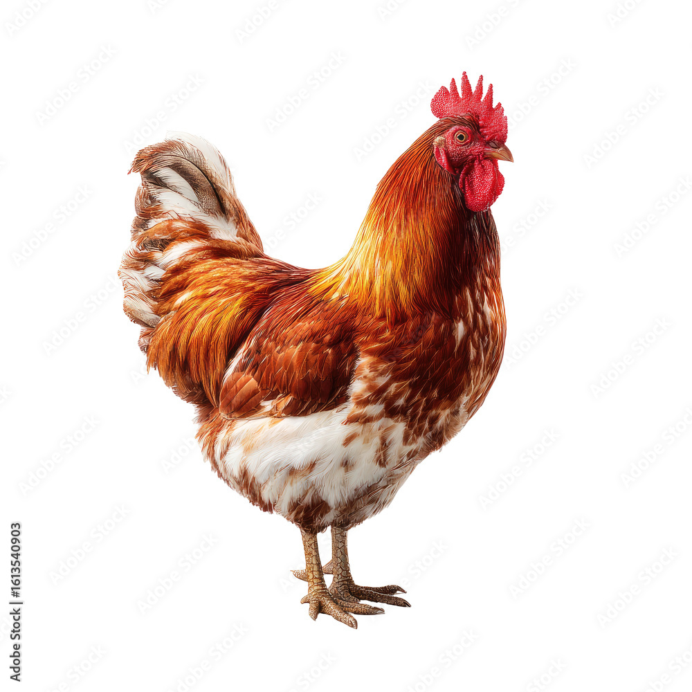 Fototapeta premium Rooster, brown and white plumage, alert stance