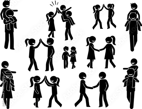 Vector art of diverse stick figures enjoying piggyback rides and high fives