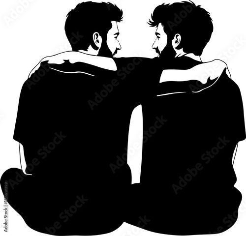 Vector art of two men sitting together, arms around each others shoulders