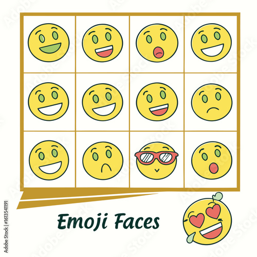 Collection of Happy Excited Smiling Grinning Curious and Sad Emoji Faces