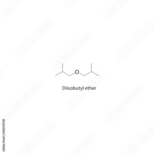 Diisobutyl ether skeletal structure. Alkyl Ether compound schematic illustration. Simple diagram, chemical formula.
