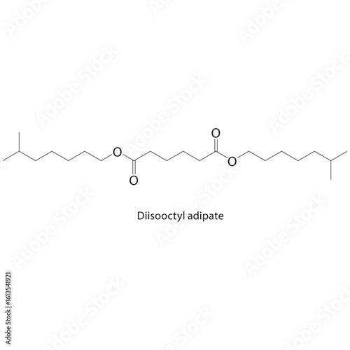 Diisooctyl adipate skeletal structure. Adipate Ester compound schematic illustration. Simple diagram, chemical formula.
