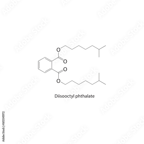Diisooctyl phthalate skeletal structure. Phthalate Ester compound schematic illustration. Simple diagram, chemical formula.