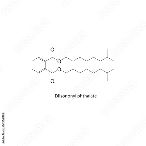 Diisononyl phthalate skeletal structure. Phthalate Ester compound schematic illustration. Simple diagram, chemical formula.
