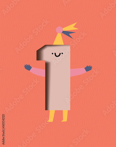Birthday number 1 poster drawing in cute cartoon style on pink background