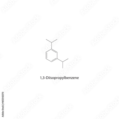 1,3-Diisopropylbenzene skeletal structure. Alkylbenzene compound schematic illustration. Simple diagram, chemical formula.