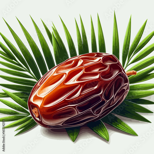 A single, glossy, ripe date fruit rests on vibrant green palm leaves, showcasing its rich, textured skin.