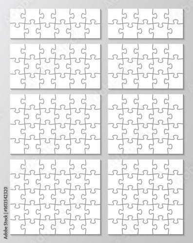 Infographics collection. 9 puzzles grid set. Jigsaw business chain infographic. Process diagram presentation. Business info graphic with steps, parts. Vector illustration