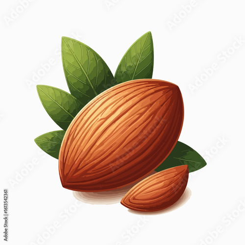 Two almonds, one large and one small, with vibrant green leaves on a white background, illustrating healthy snack ingredients.