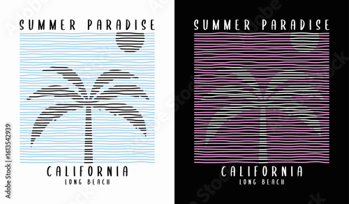 California t-shirt design with palm tree. Typography for t-shirt print with palm tree and color lines. Graphics for clothes, print product and apparel. Vector.