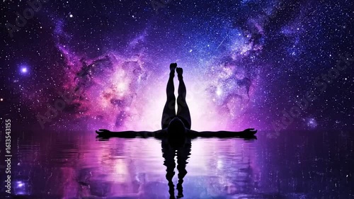 Silhouette of person in yoga pose legs up against vibrant purple and blue nebula galaxy with starry sky and, yoga, meditation, galaxy, nebula, stars, universe, cosmos, space, silhouette, person, woman