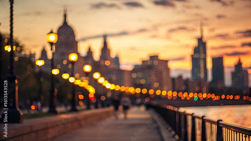 Fototapeta premium Blurred city sunset lightscape, urban bokeh background