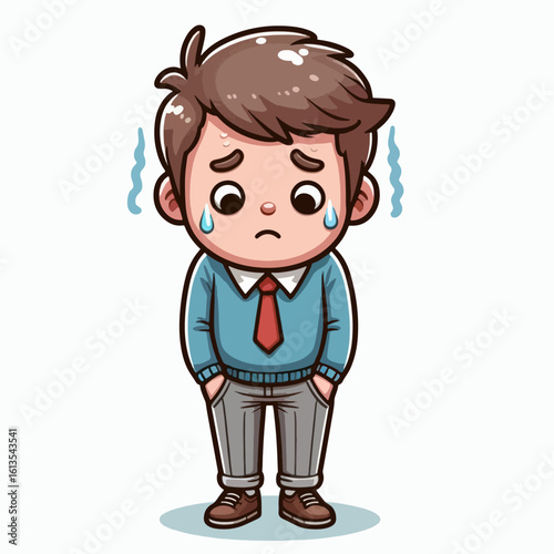 A cartoon illustration of a young boy looking worried and sweating profusely.