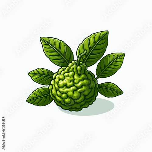 A vibrant green bergamot fruit with textured skin and several fresh green leaves, depicted on a white background.