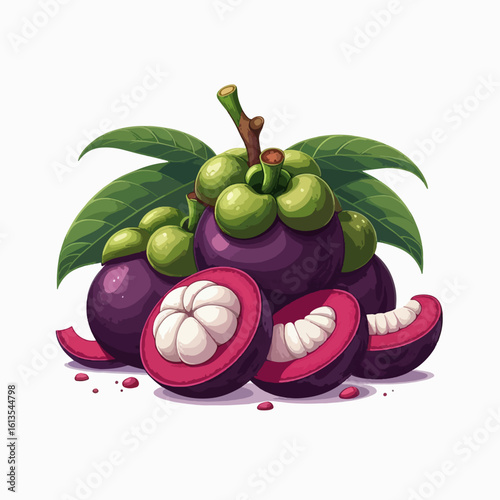 Vibrant illustration of whole and sliced mangosteens with green leaves on a white background, showcasing their rich purple skin and white juicy flesh.