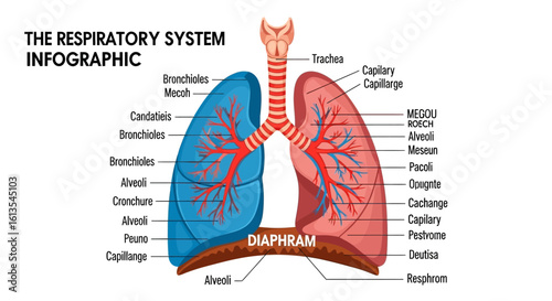 Detailed Respiratory System Illustration with Labeled Components and Blue and Red Lungs